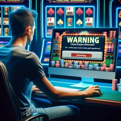 Representing a person in front of a computer screen with an alert message indicating the detection of a Cheat Engine in an online casino