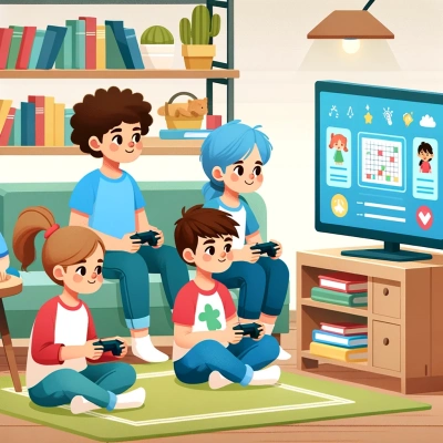Children are shown playing an educational video game at home.