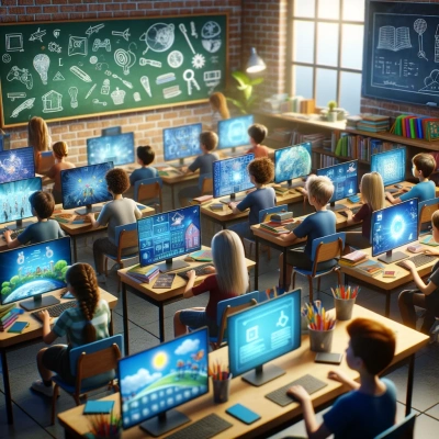 A classroom with students engaged in learning through educational video games