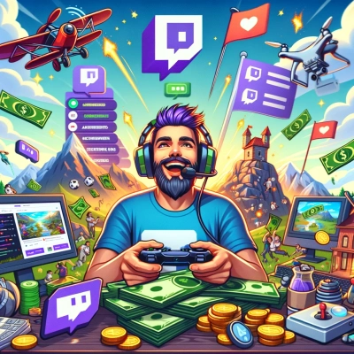 a video game streamer broadcasting on Twitch, interacting with fans and earning money from advertising