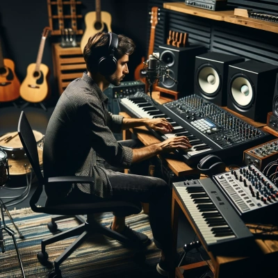 A composer in a music studio, focusing on the creation of a video game soundtrack.