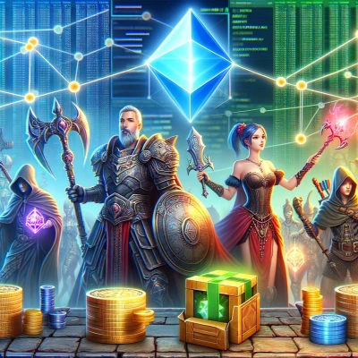 characters from a fantasy video game exchanging in-game objects, against a backdrop of digital code and network connections