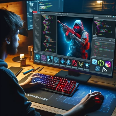 Representation of a player in front of his computer, deeply involved in modifying a game.