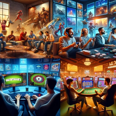 4 images of different situations between video games and online casino games