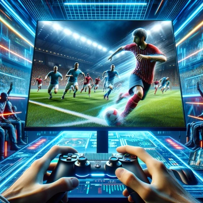 a dynamic scene from a virtual sports simulation game with players engaged in intense competition